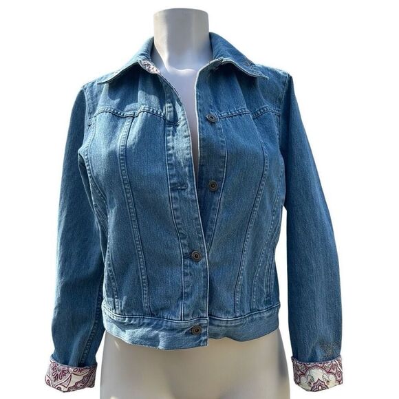 Liz Claiborne Jean Jacket Women's Small Blue Embroidered Paisley Trim Button-up - Picture 2 of 14